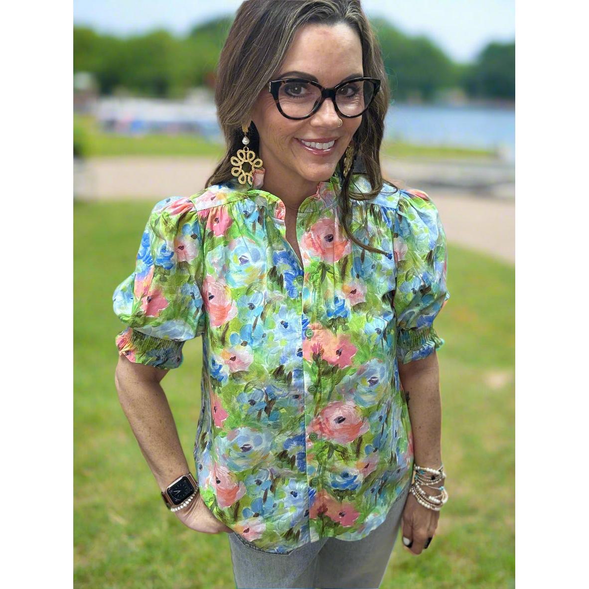 Joy Joy Ruffles Puff Sleeve Blouse - Painted Garden
