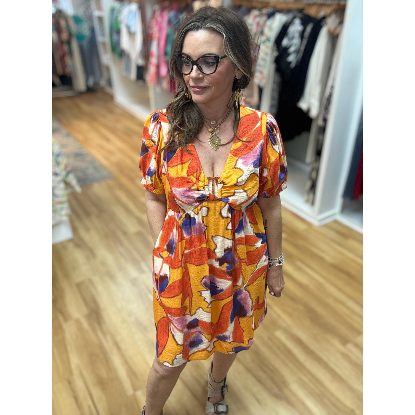 Joy Joy V-Neck Ring Dress - Mustard Fantasy